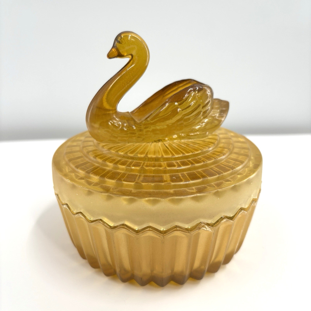 Vintage 1950s Jeanette Amber Glass Candy Dish Swan on Nest Trinket Box